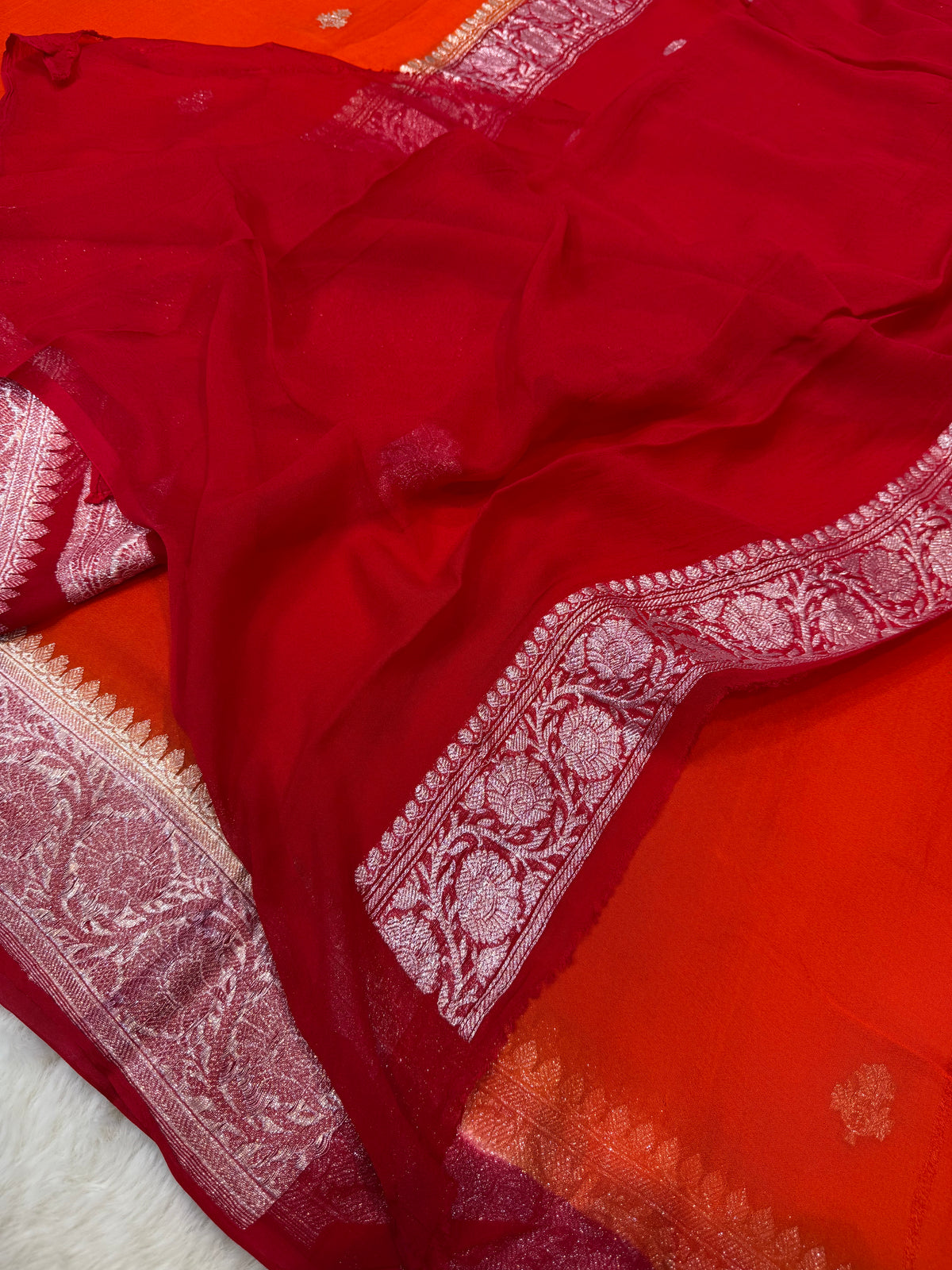 100% Pure Banarasi Khaddi Chiffon Silver Zari Kadwa Buti Handloom Rust Orange with Red Color