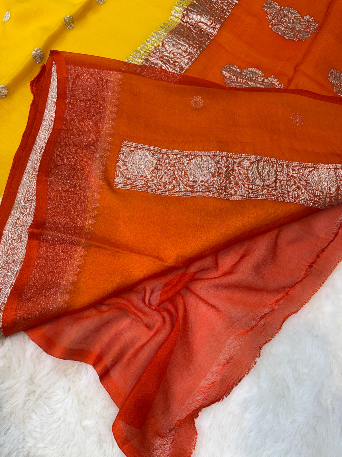 100% Pure Banarasi Khaddi Chiffon Silver Zari Kadwa Buti Handloom Yellow with Orange Color