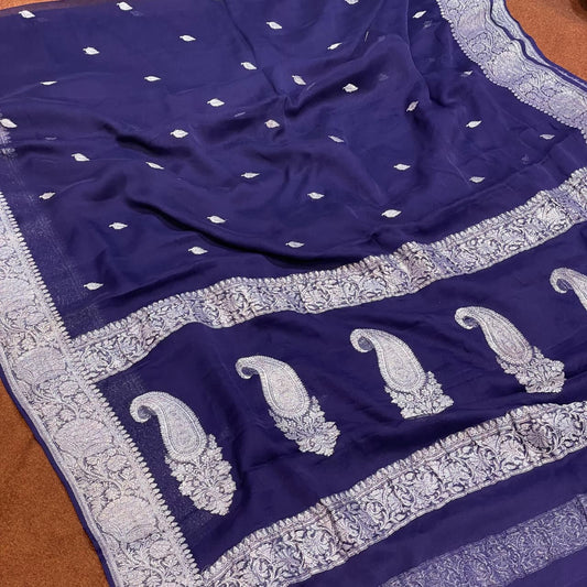 100% Pure Banarasi Khaddi Chiffon Silver Zari Kadwa Buti Handloom Saree