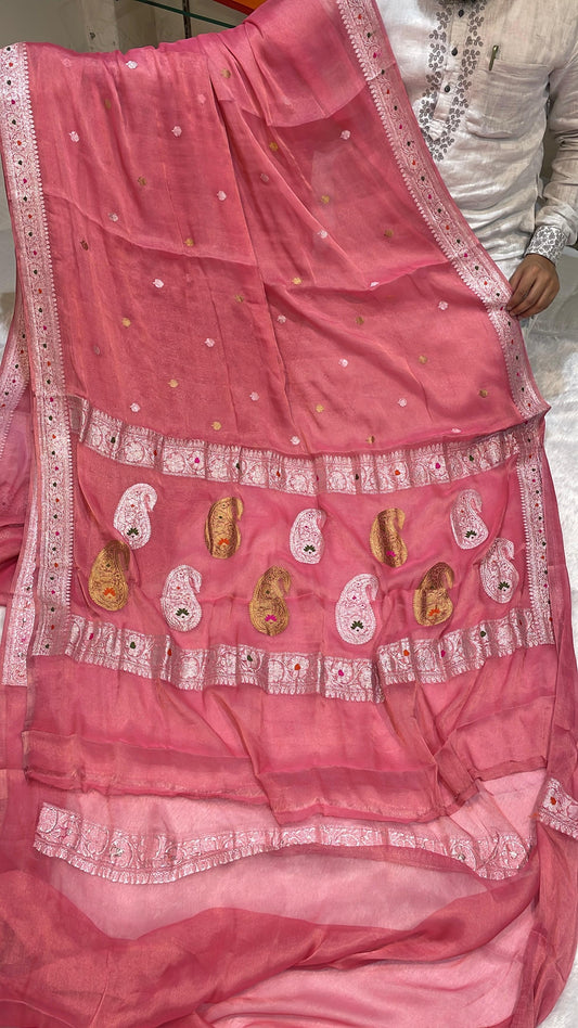 100% Authentic & Luxurious Pure Banarasi Khaddi Chiffon Tissue Saree Gazri Pink Colour