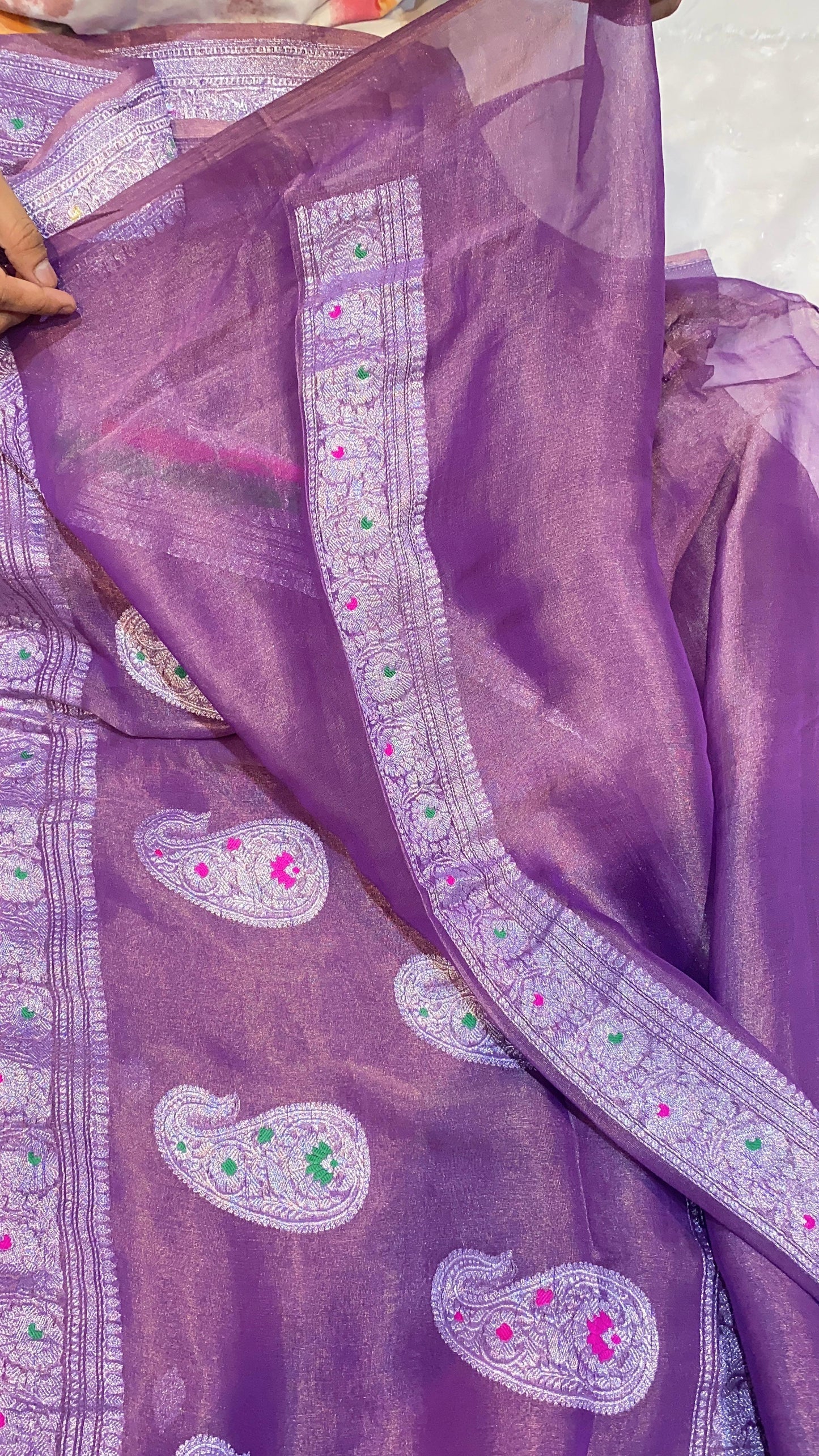 100% Authentic & Luxurious Pure Banarasi Khaddi Chiffon Tissue Saree Lavender Shade