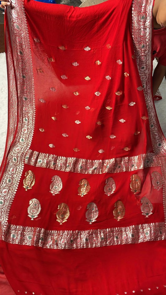 100% Authentic & Luxurious Pure Banarasi Khaddi Chiffon Georgette Saree Scarlet Red Color