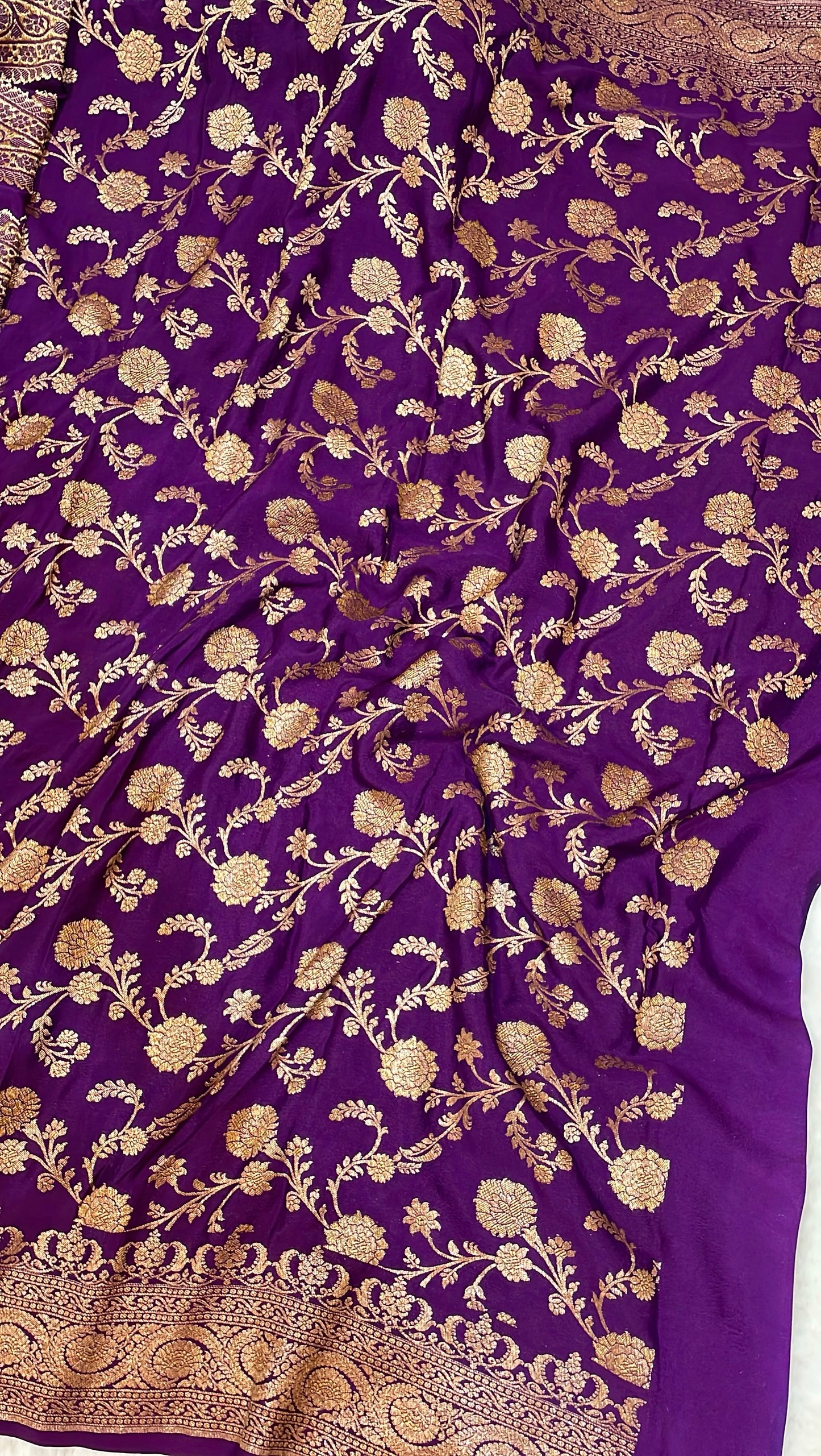 Pure Banarasi Khaddi Crape Silk Handloom Saree with Traditional Corners Firozi with Purple color