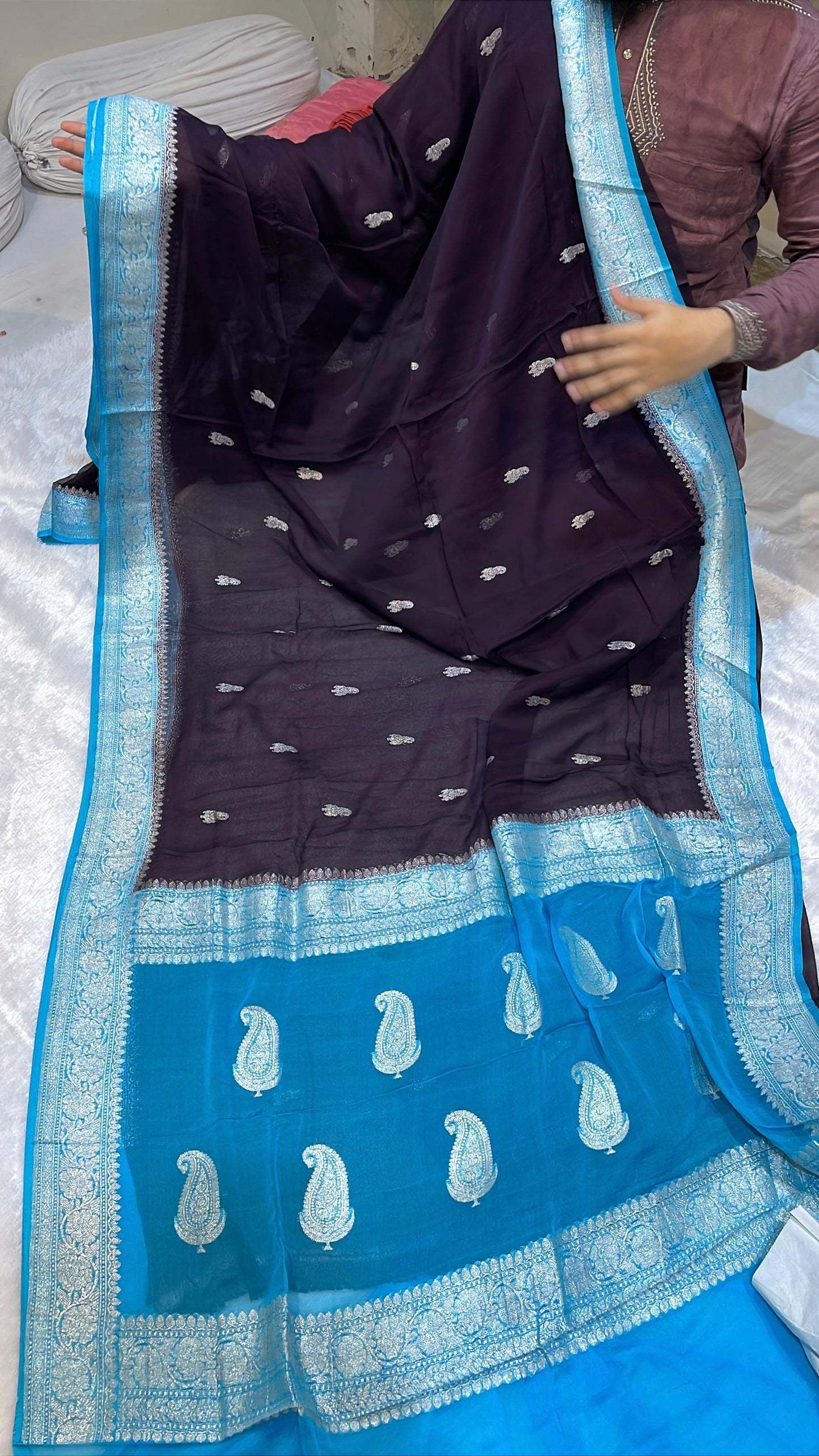 100% Pure Banarasi Khaddi Chiffon Silver Zari Kadwa Buti Handloom Saree Blackish Brown with firozi Colour