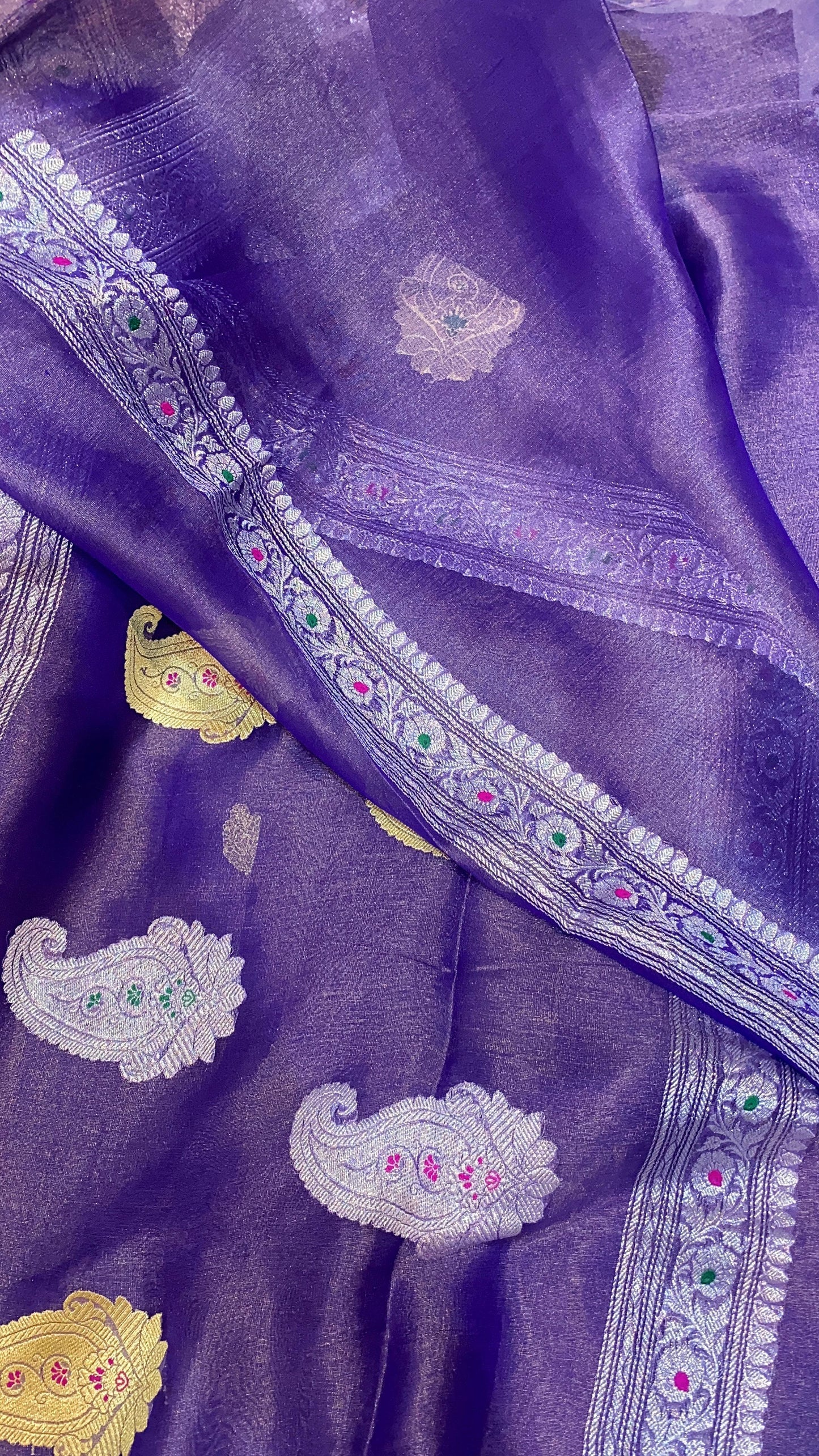 100% Authentic & Luxurious Pure Banarasi Khaddi Chiffon Tissue Saree Deep Purple Shade