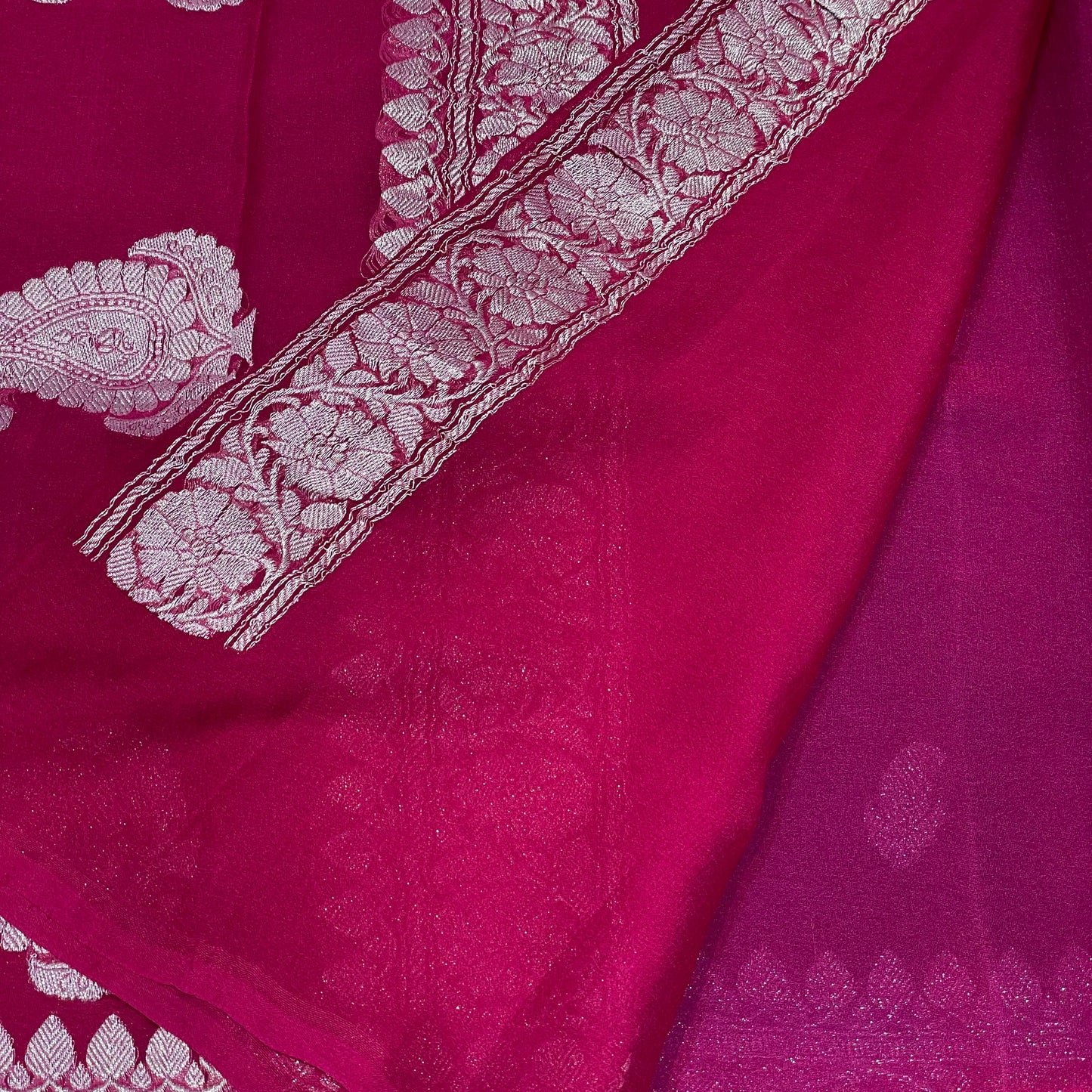 100% Pure Banarasi Khaddi Chiffon Silver Zari Kadwa Buti Handloom Saree Purple and Rani Pink Colour