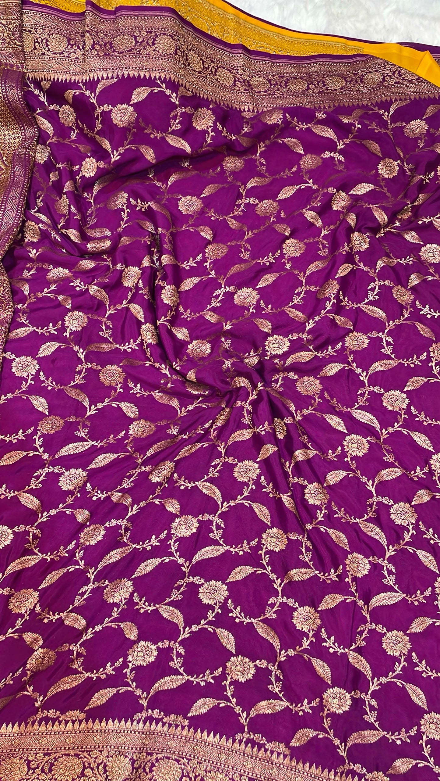 Pure Banarasi Khaddi Crape Silk Handloom Saree with Traditional Corners Yellow With Purple Color