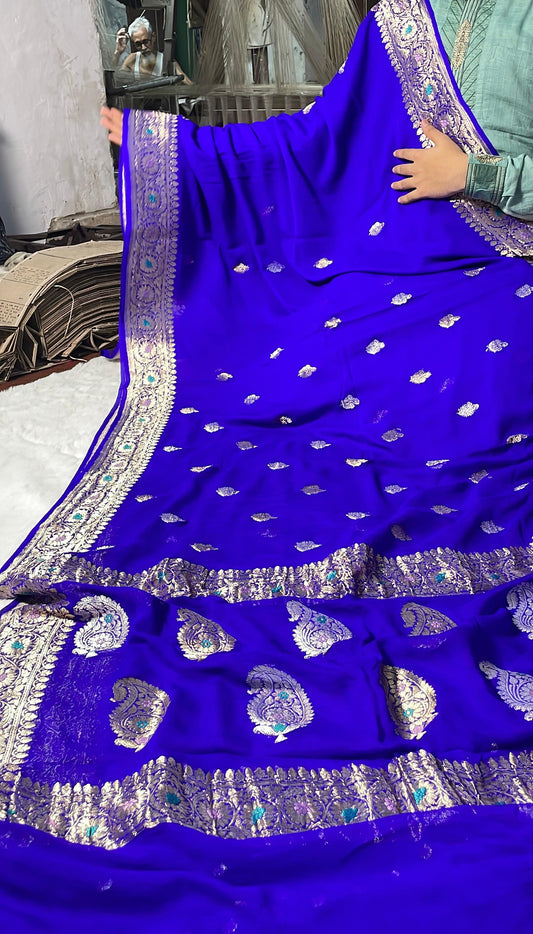 100% Authentic & Luxurious Pure Banarasi Khaddi Chiffon Georgette Saree Royal Blue Color