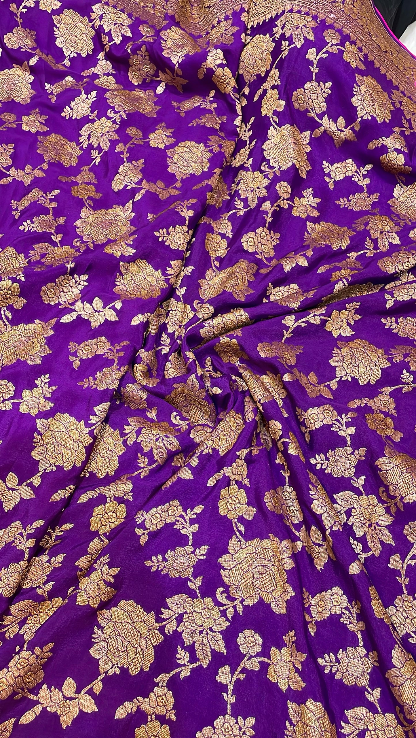 Pure Banarasi Khaddi Crape Silk Handloom Saree with Traditional Corners Purple With Rani Color