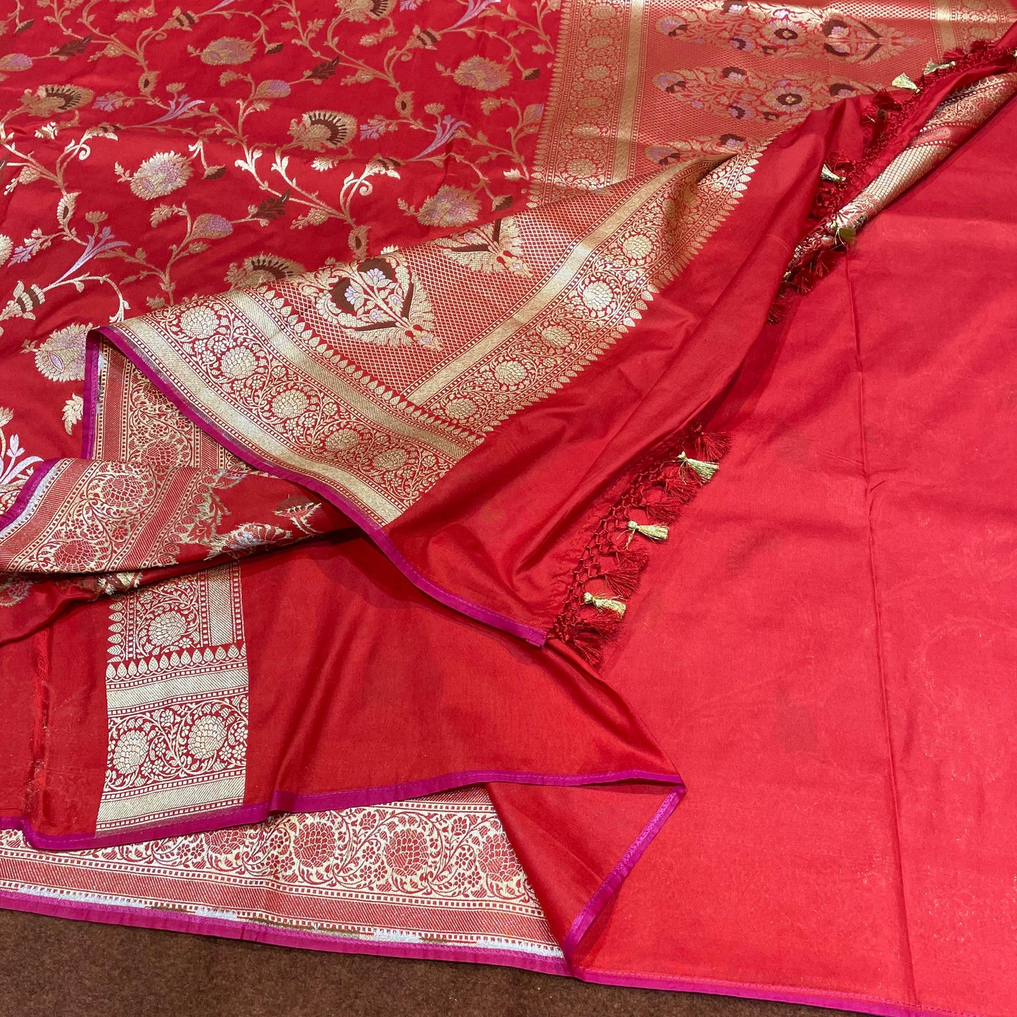 Bridal Red Katan Silk Sarees Sona Rupa Antique Zari Jangla Weave