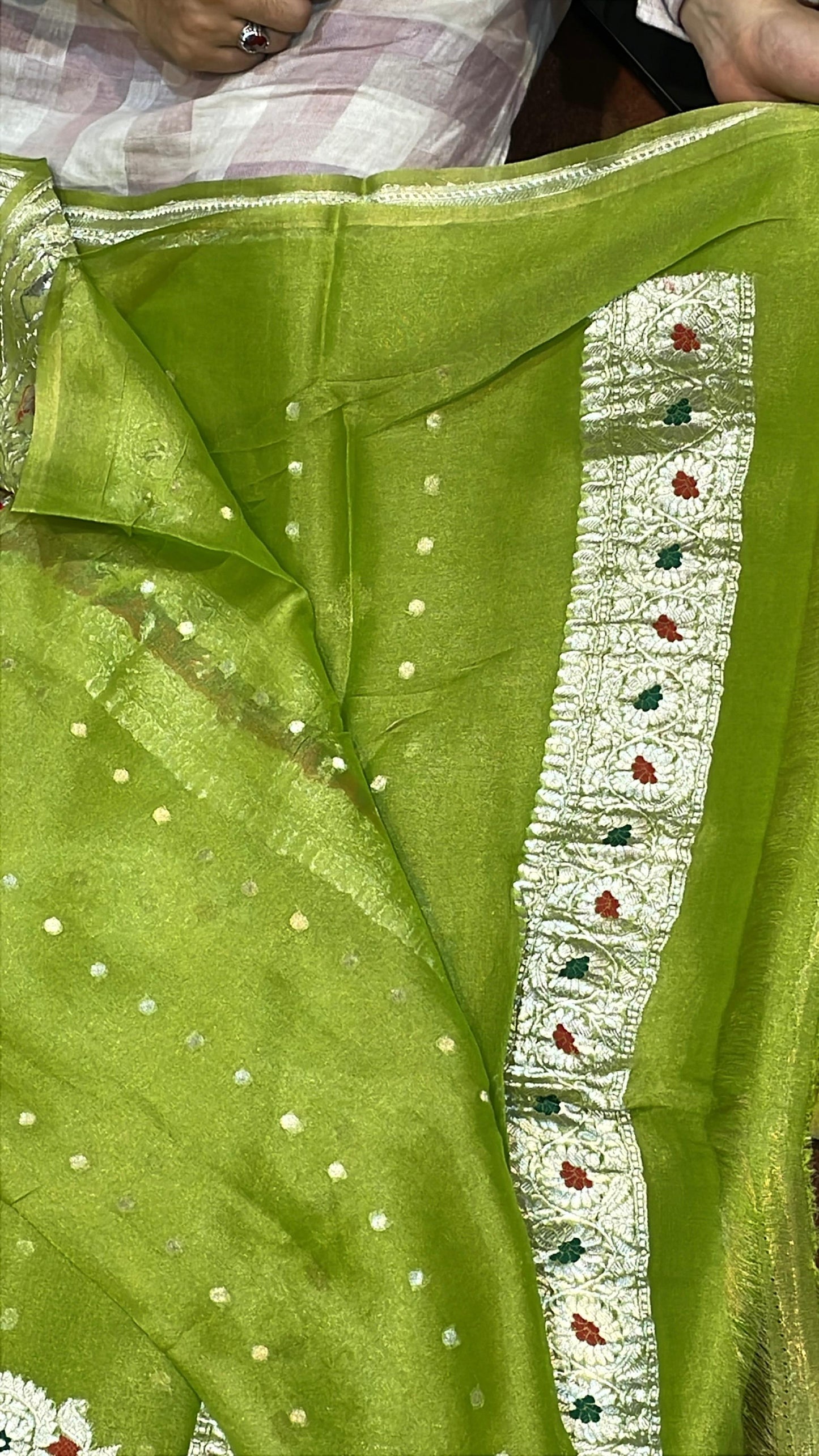 100% Authentic & Luxurious Pure Banarasi Khaddi Chiffon Tissue Saree Spring Pista Green Colour