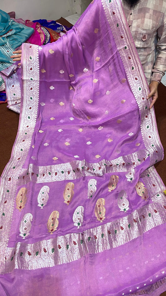 100% Authentic & Luxurious Pure Banarasi Khaddi Chiffon Tissue Saree Hue Lavender Colour