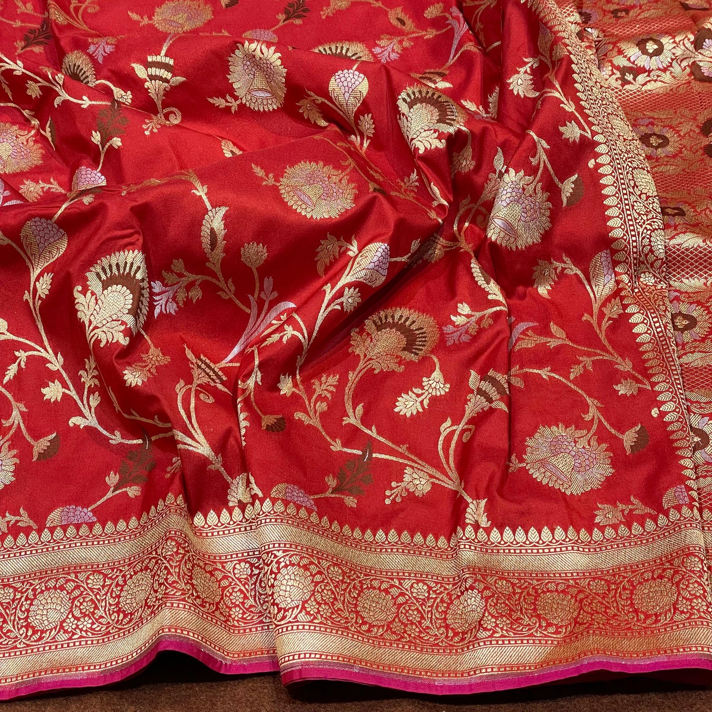 Bridal Red Katan Silk Sarees Sona Rupa Antique Zari Jangla Weave