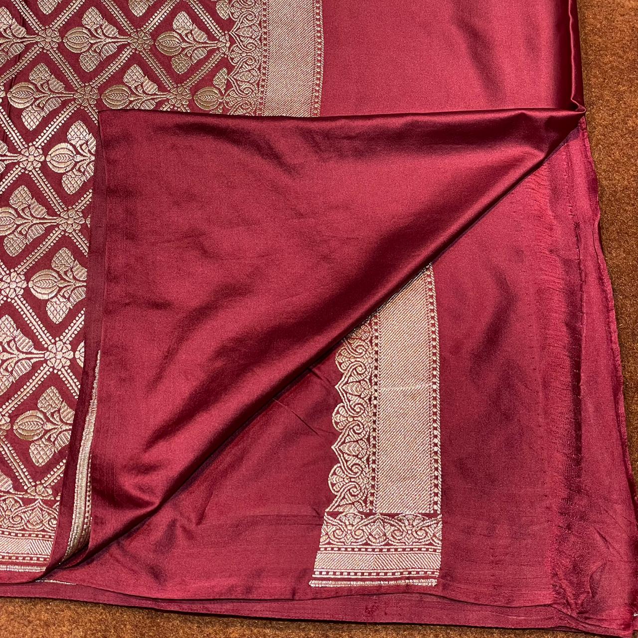 Mashru Silk Saree Wine Color with Short Border Delicate Paisley/Mango Boota MSW-11