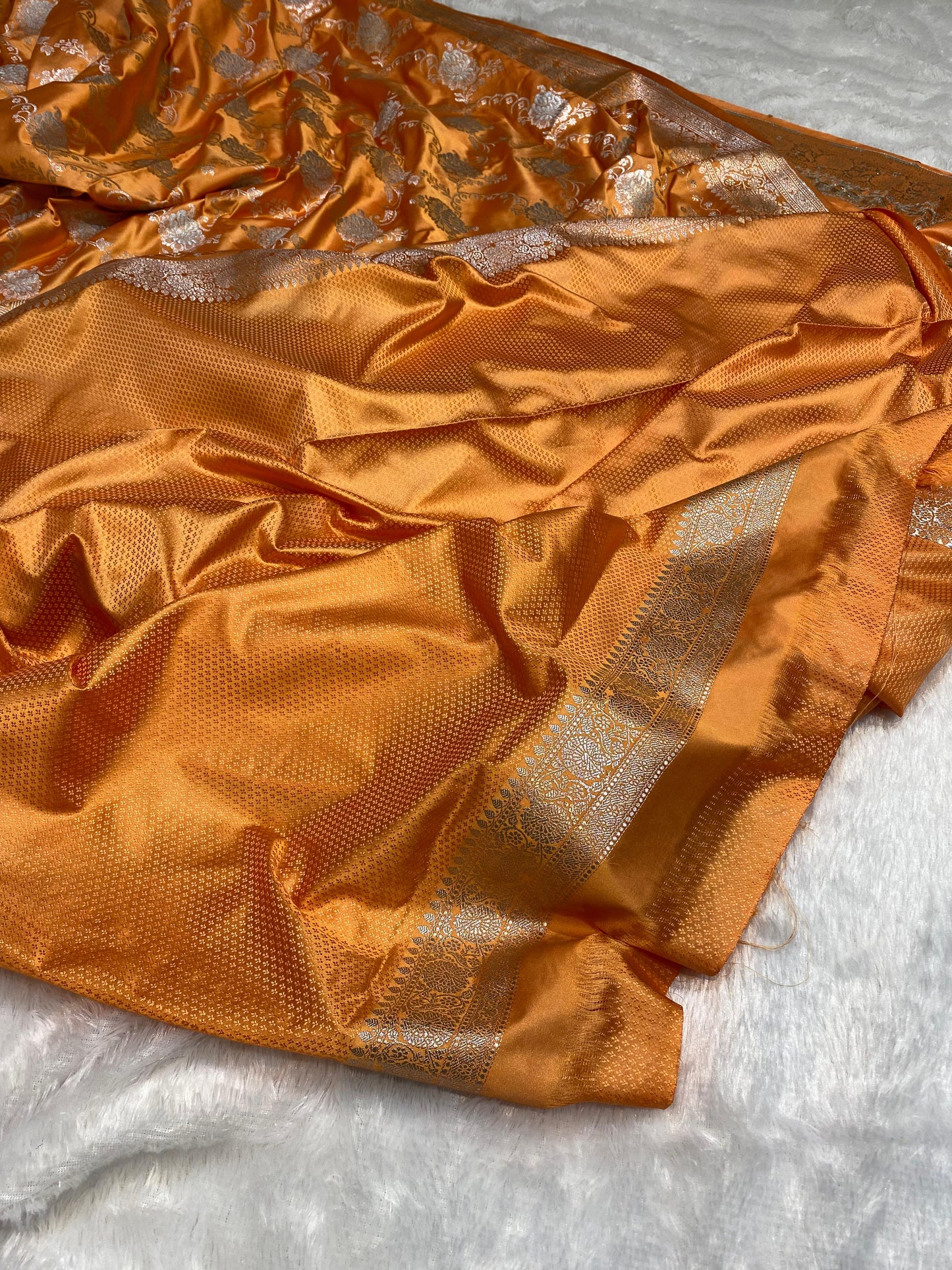 Mashru Silk Saree Saffron Orange Color With Floral Border Sona Rupa Zari Mina Jaal Pattern MSW44