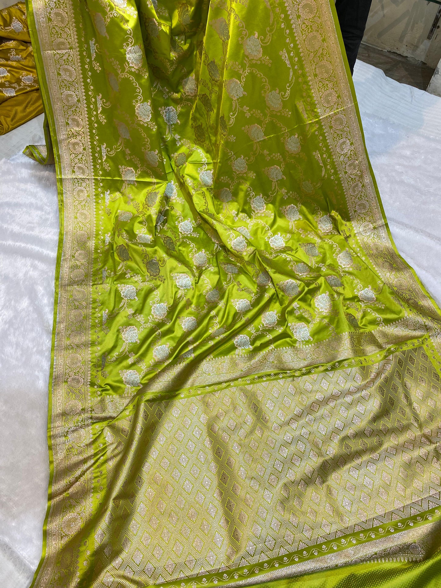 Mashru Silk Saree Canary Green Color With Floral Border Sona Rupa Zari Mina Jaal Pattern MSW39