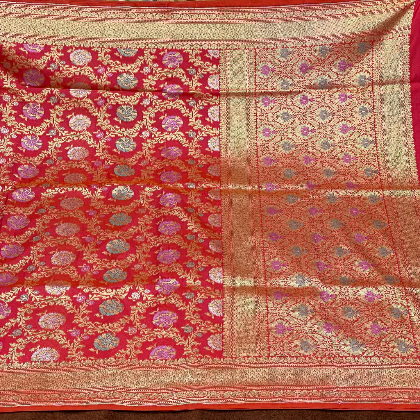 Beautiful Short Orange Katan Silk Saree Sona Rupa Zari Meena Jangla Weave