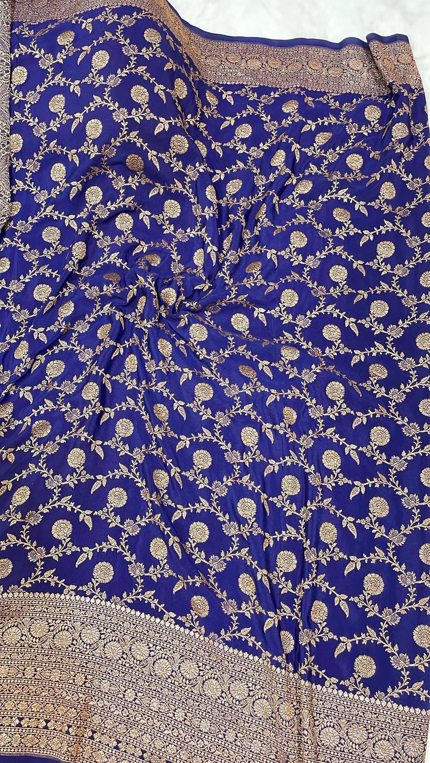 Pure Banarasi Khaddi Crape Silk Handloom Saree with Traditional Corners Rani with Navy Color