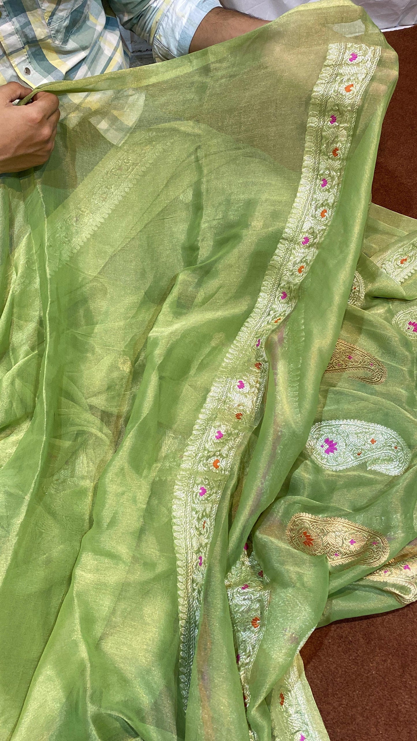 100% Authentic & Luxurious Pure Banarasi Khaddi Chiffon Tissue Saree Pista Green Shade