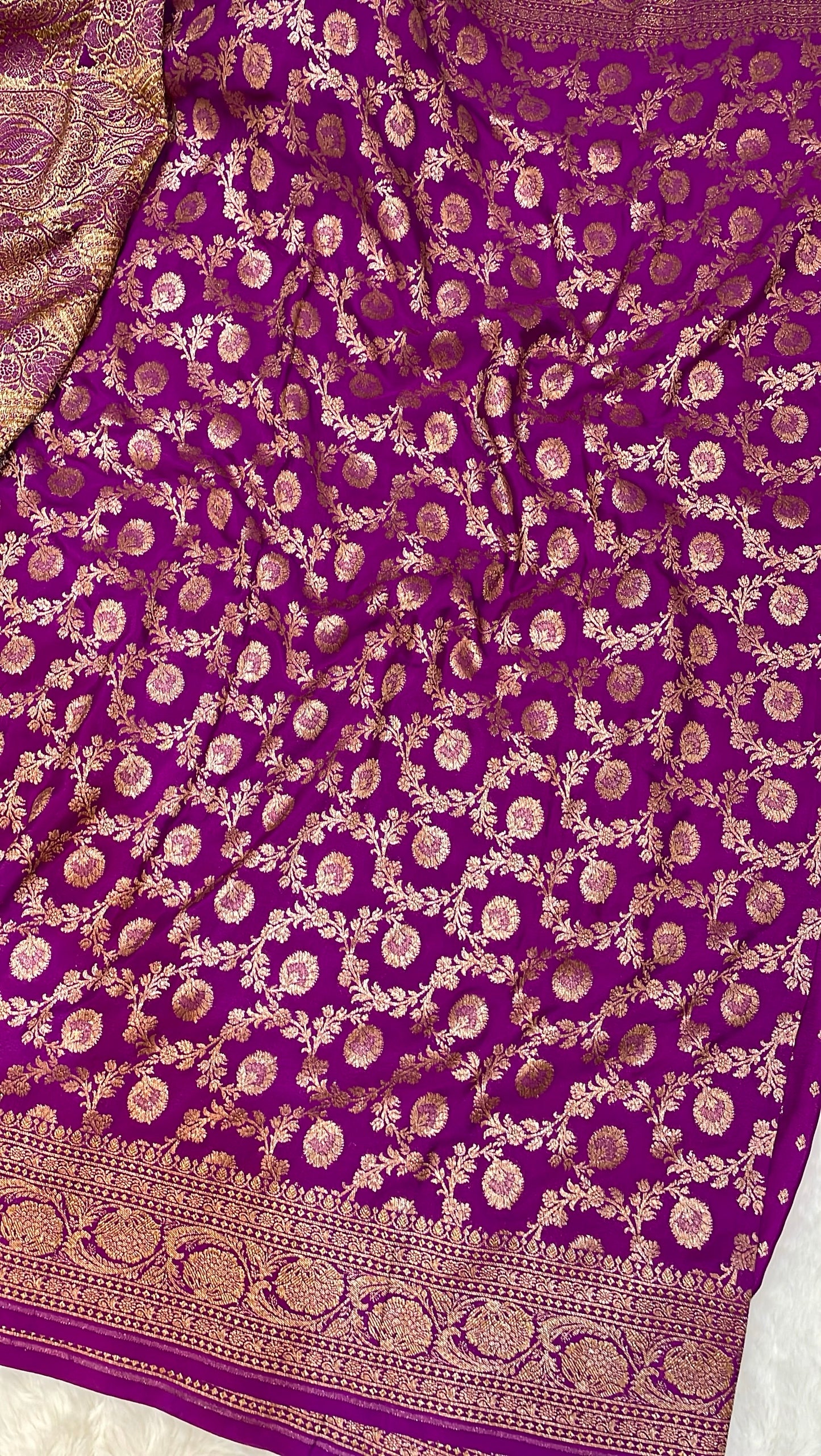 Pure Banarasi Khaddi Crape Silk Handloom Saree with Traditional Corners Rani Color