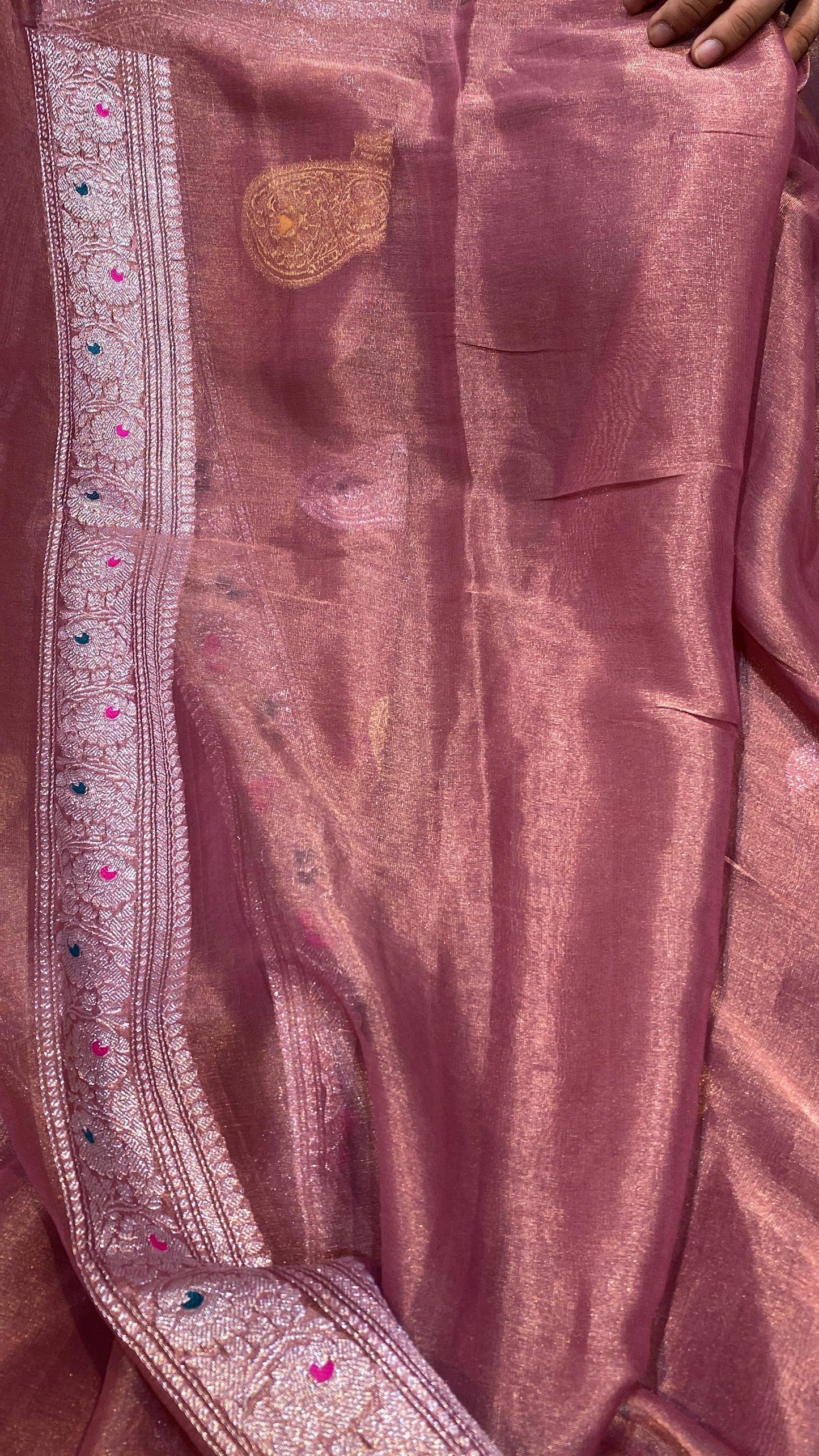 100% Authentic & Luxurious Pure Banarasi Khaddi Chiffon Tissue Saree Rust Colour