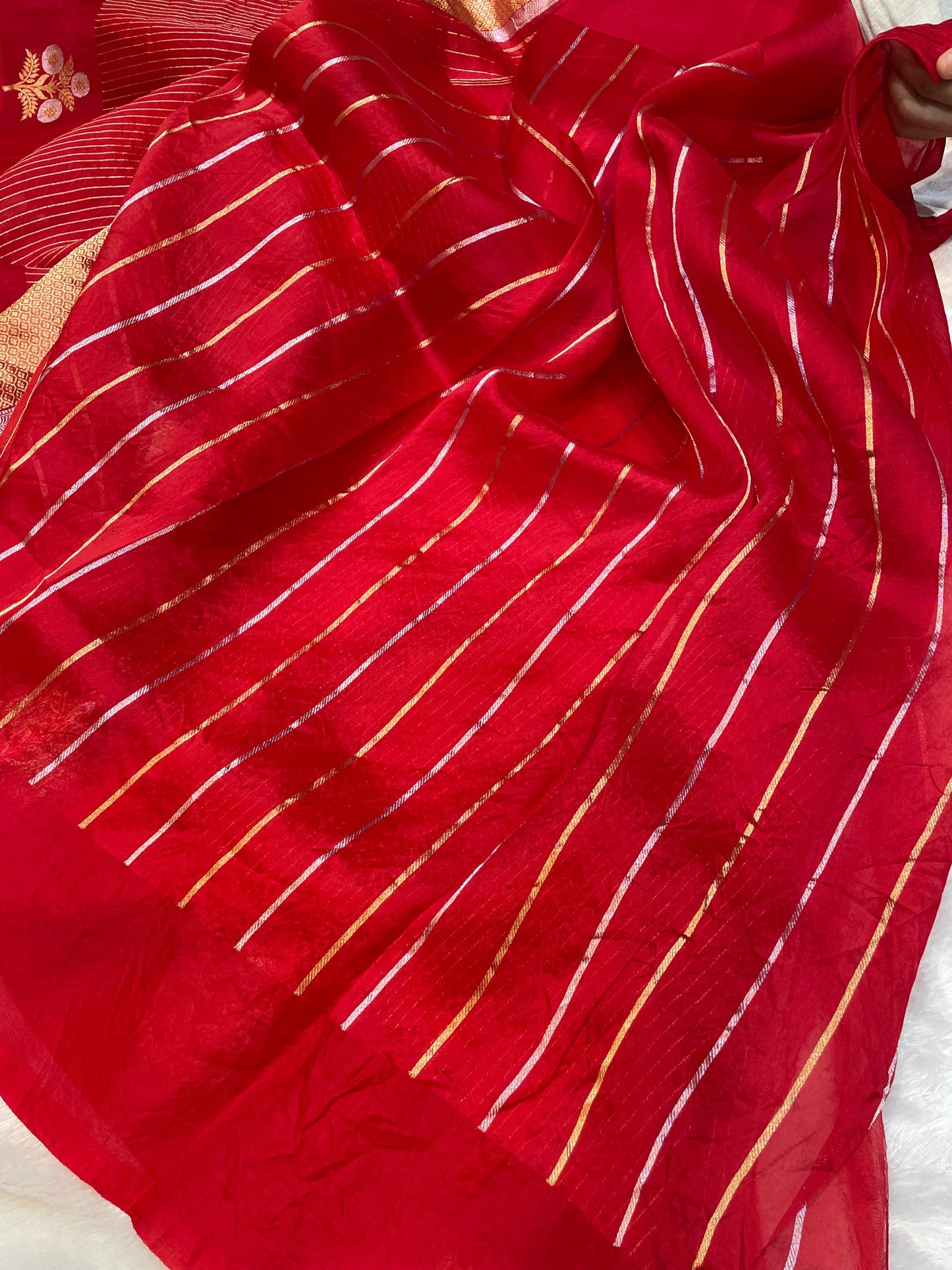 Bright Red Pure Kora Organza Banarasi Handloom Saree's