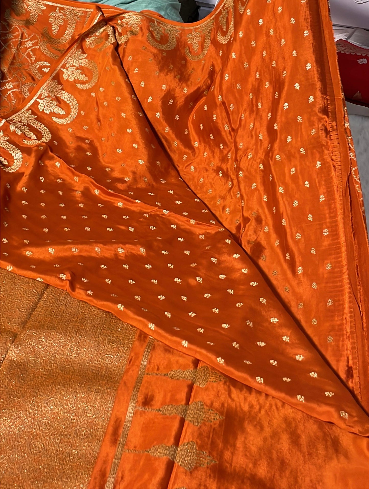 Pure Banarasi Khaddi Crape Silk Handloom Saree Rusty Orange Color