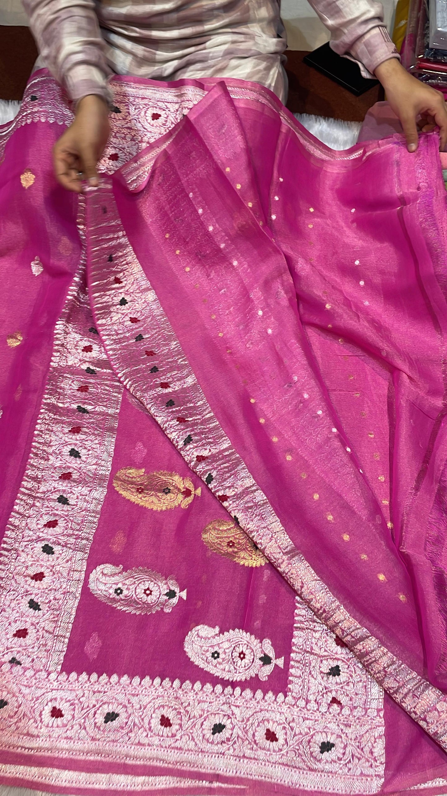 100% Authentic & Luxurious Pure Banarasi Khaddi Chiffon Tissue Saree Noor Rani Royale Pink Colour