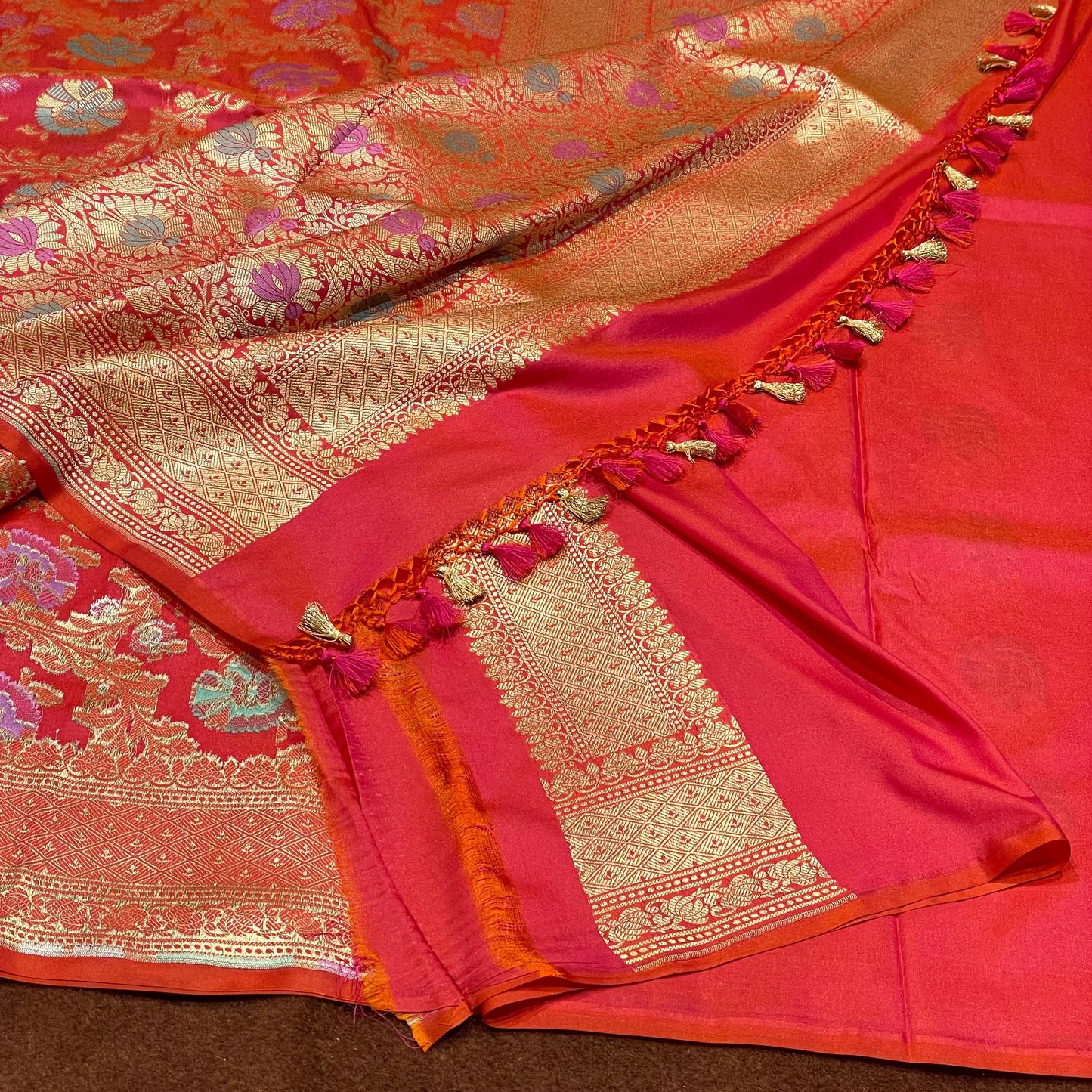 Beautiful Short Orange Katan Silk Saree Sona Rupa Zari Meena Jangla Weave