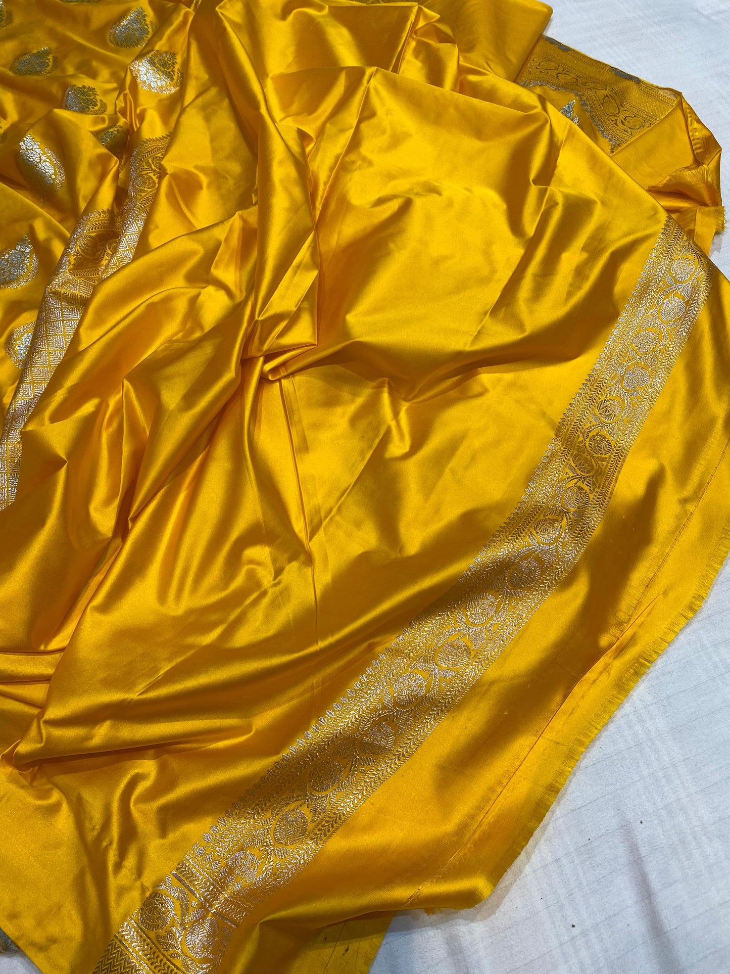 Mashru Silk Saree Golden Yellow Color With Floral Border Buta Sona Rupa Zari MSW31