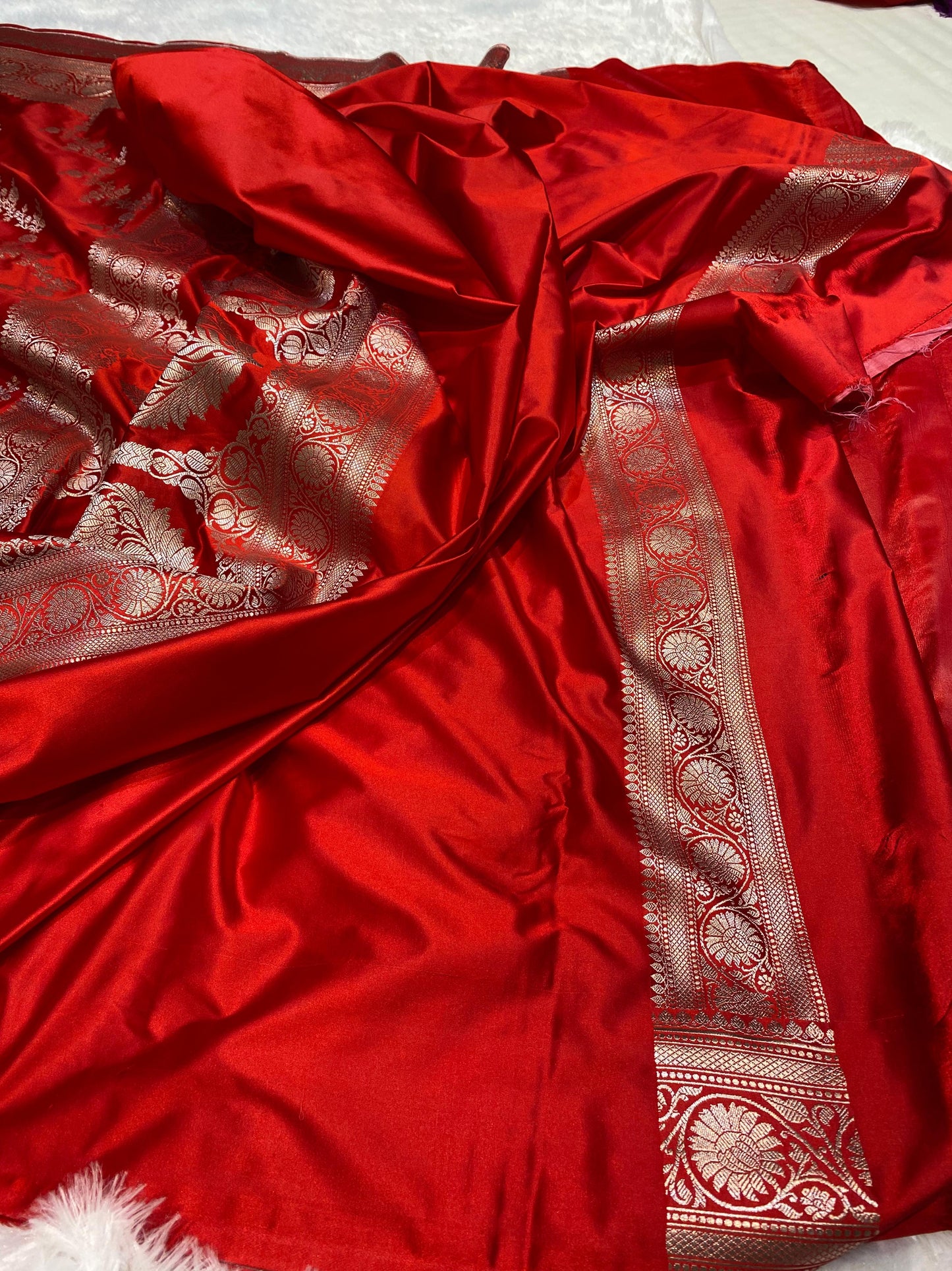 Mashru Silk Saree Crimson Red Color With Floral Border MSW30