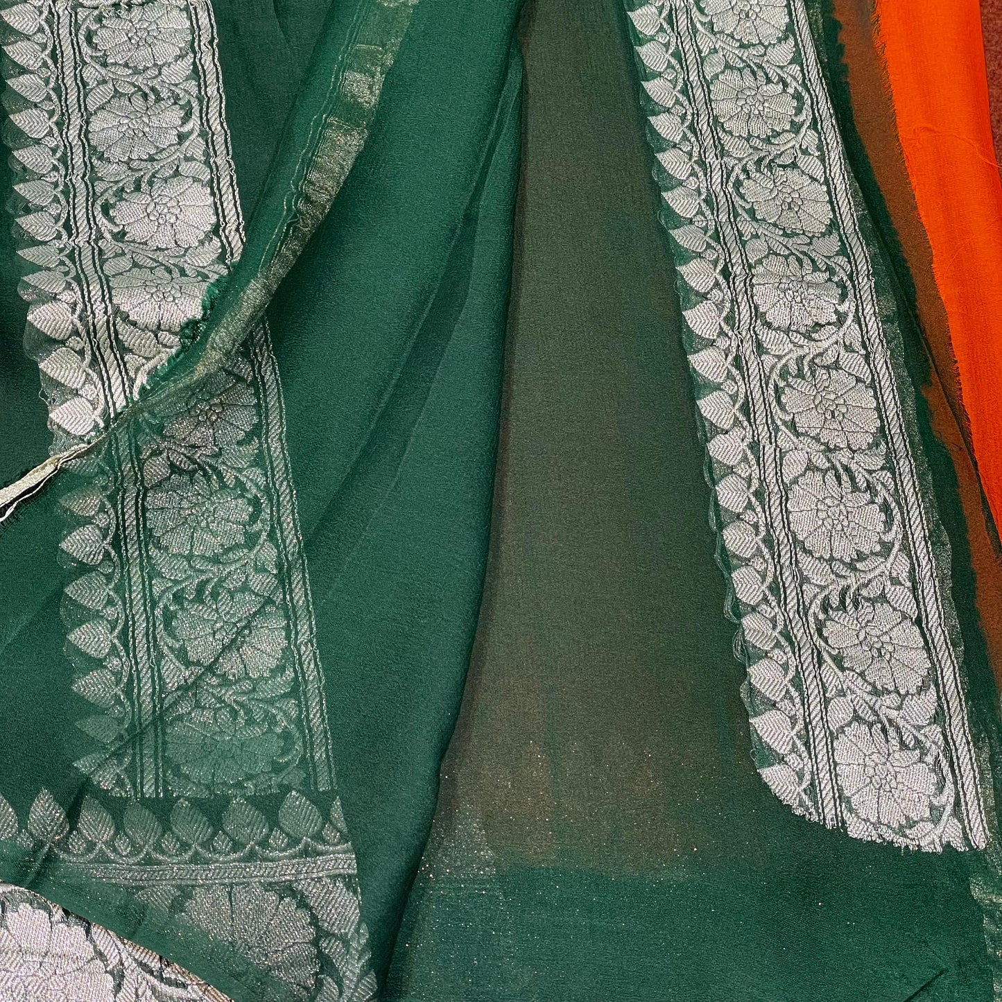 100% Pure Banarasi Khaddi Chiffon Silver Zari Kadwa Buti Handloom Saree Orange and Bottle Green Colour