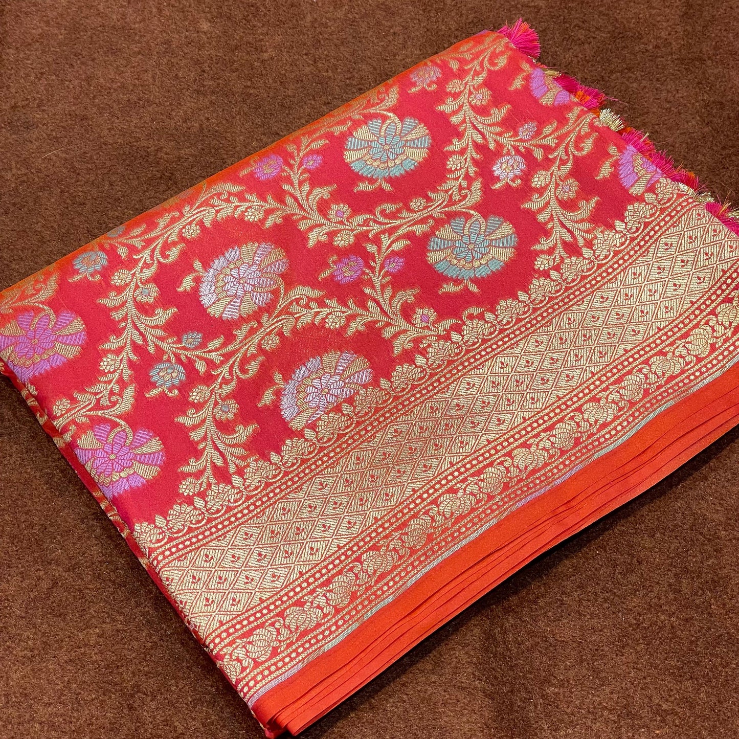 Beautiful Short Orange Katan Silk Saree Sona Rupa Zari Meena Jangla Weave
