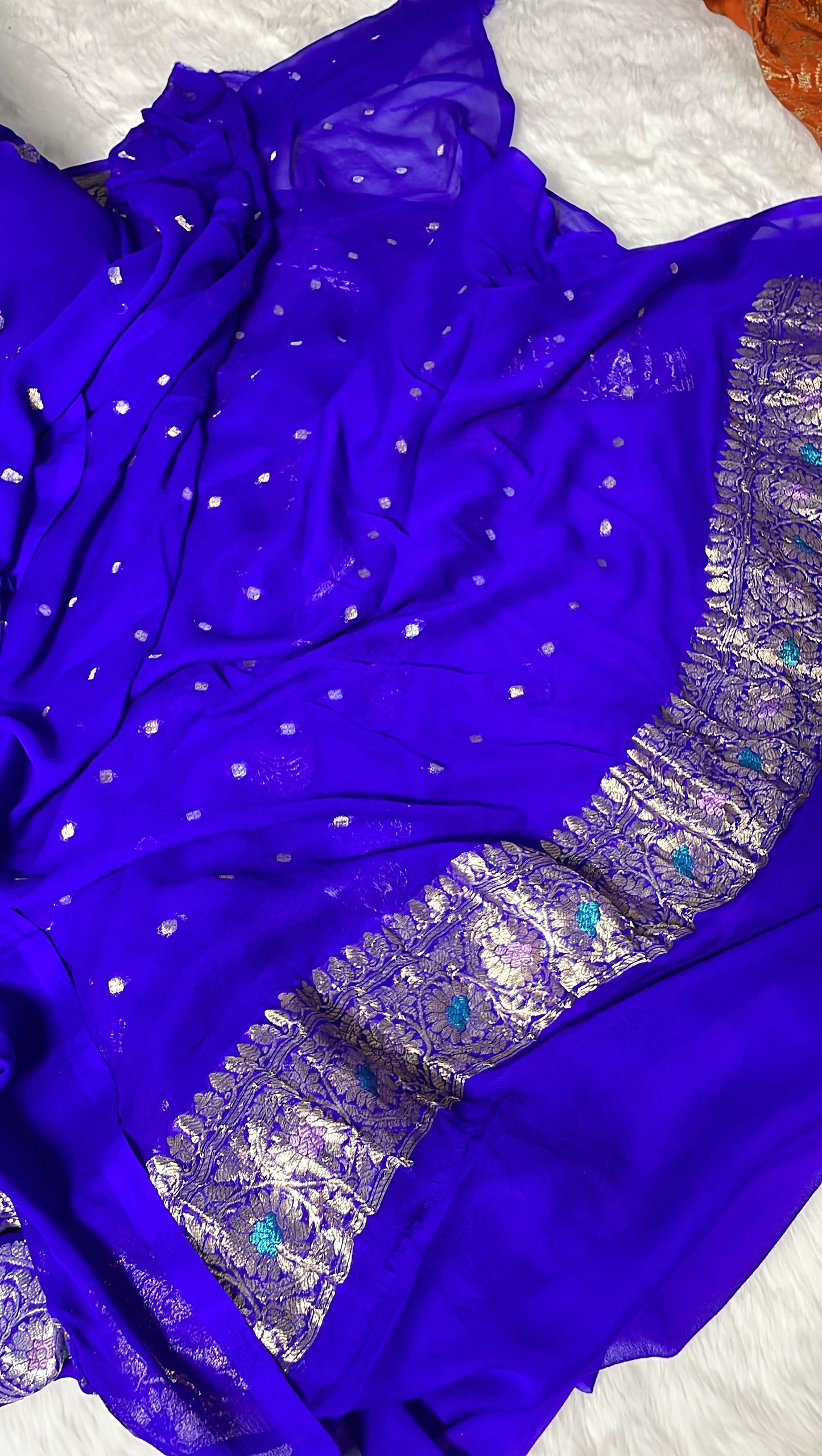 100% Authentic & Luxurious Pure Banarasi Khaddi Chiffon Georgette Saree Royal Blue Color