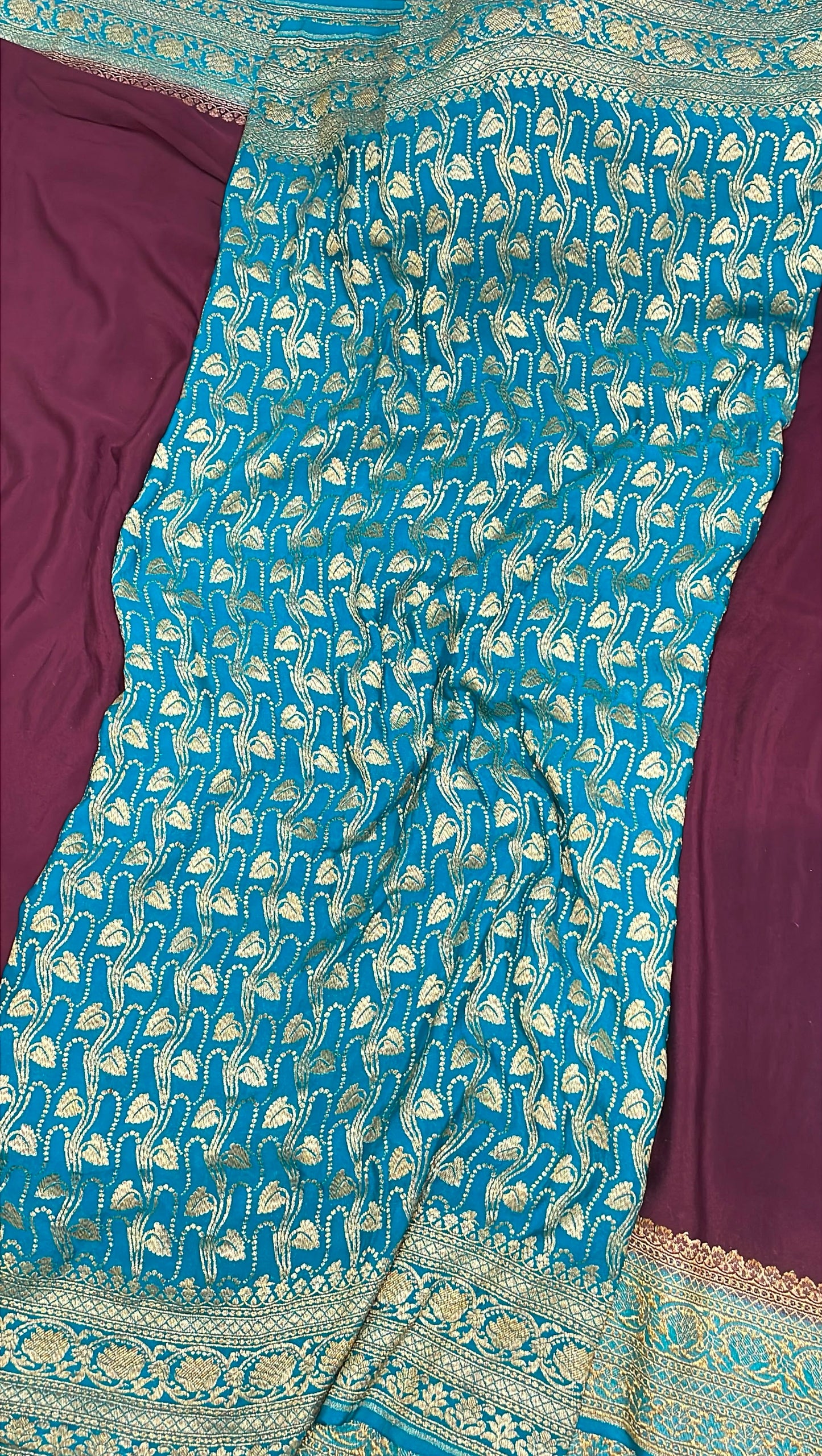 Pure Banarasi Khaddi Crape Silk Handloom Saree with Traditional Corners Wine with Firozi color