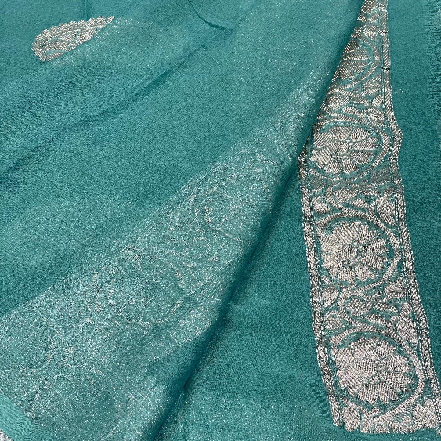 100% Pure Banarasi Khaddi Chiffon Silver Zari Kadwa Buti Handloom Saree Dusty Sea Green Colour