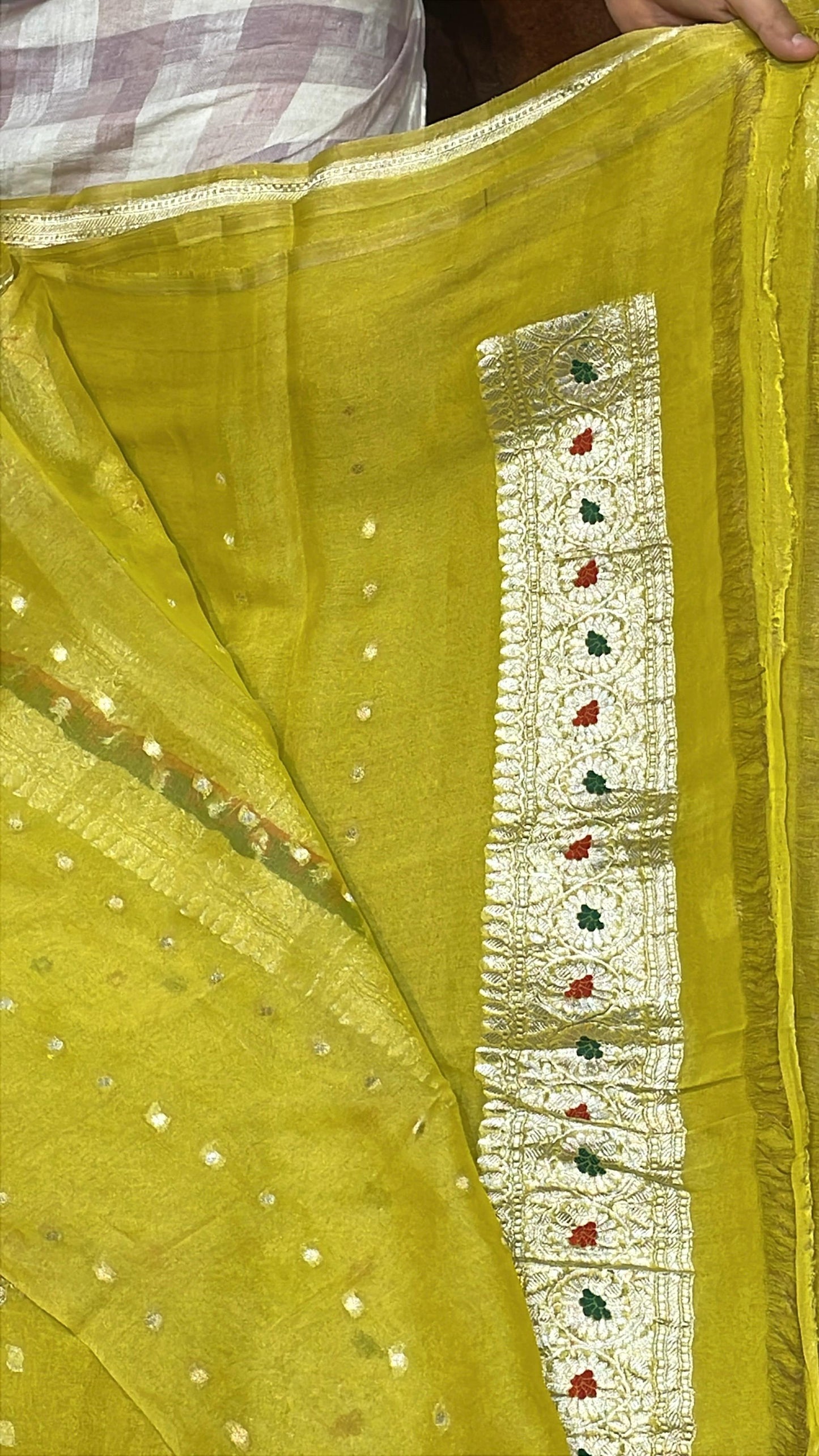 100% Authentic & Luxurious Pure Banarasi Khaddi Chiffon Tissue Saree Spring Canary Yellow Colour