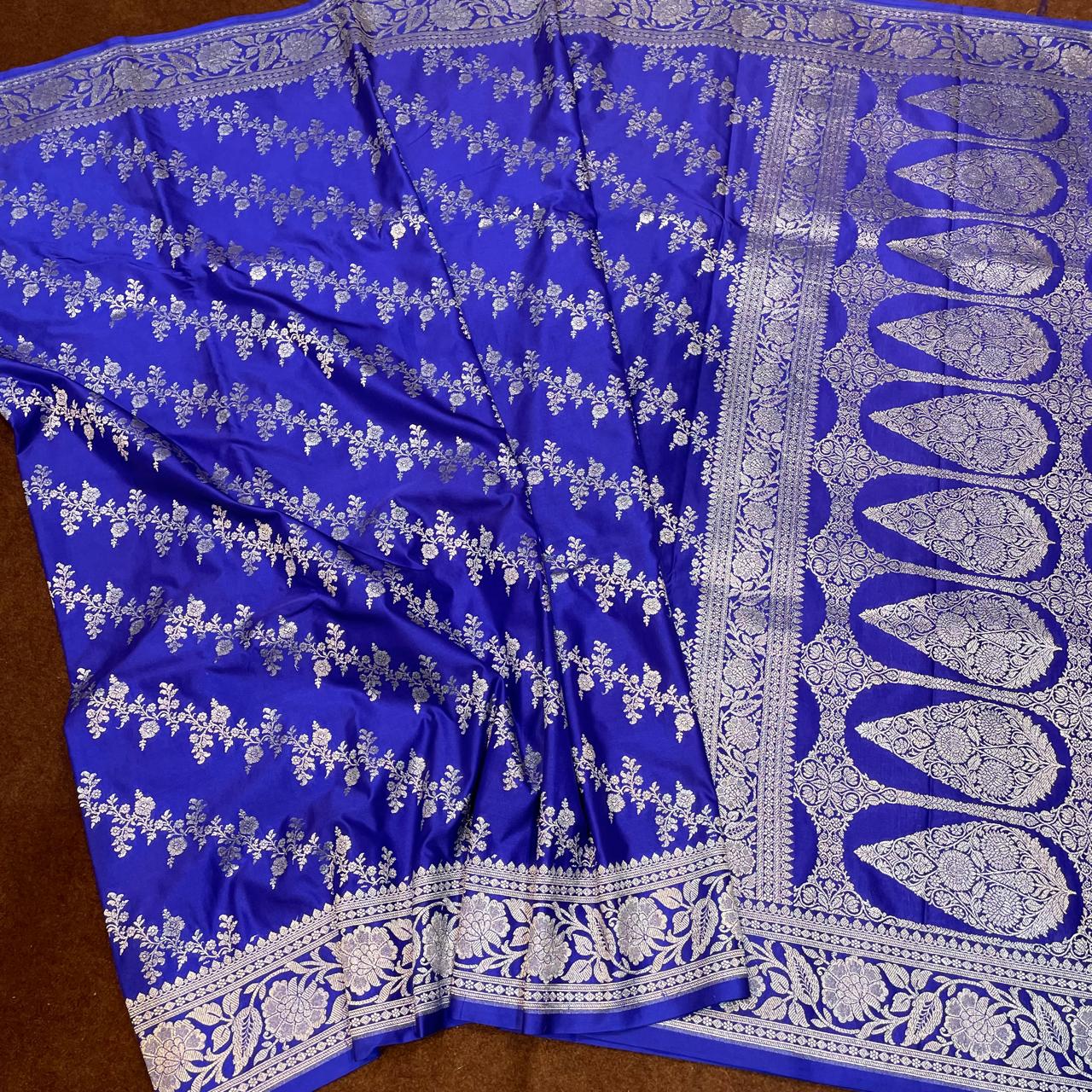 Royal Blue Mashru Silk Banarasi Saree Allover Water Gold Zari Weaving