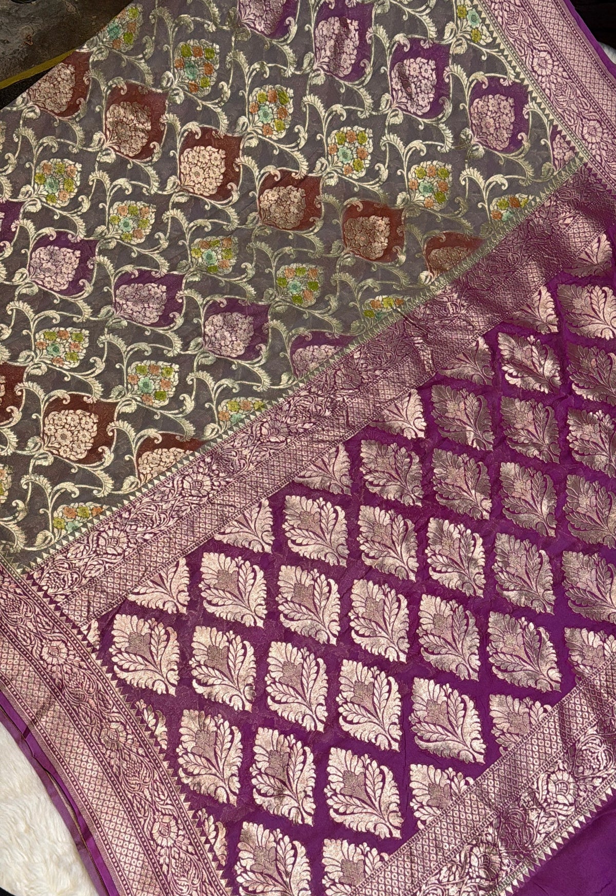 Rangkat X Minakari Original Platinum Zari Pure Khaddi Georgette Double Zari Saree