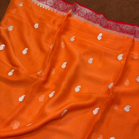 100% Pure Banarasi Khaddi Chiffon Silver Zari Kadwa Buti Handloom Saree Orange With Red Colour