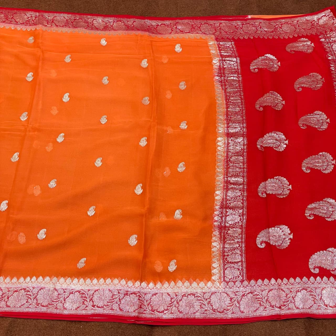 100% Pure Banarasi Khaddi Chiffon Silver Zari Kadwa Buti Handloom Saree Orange With Red Colour