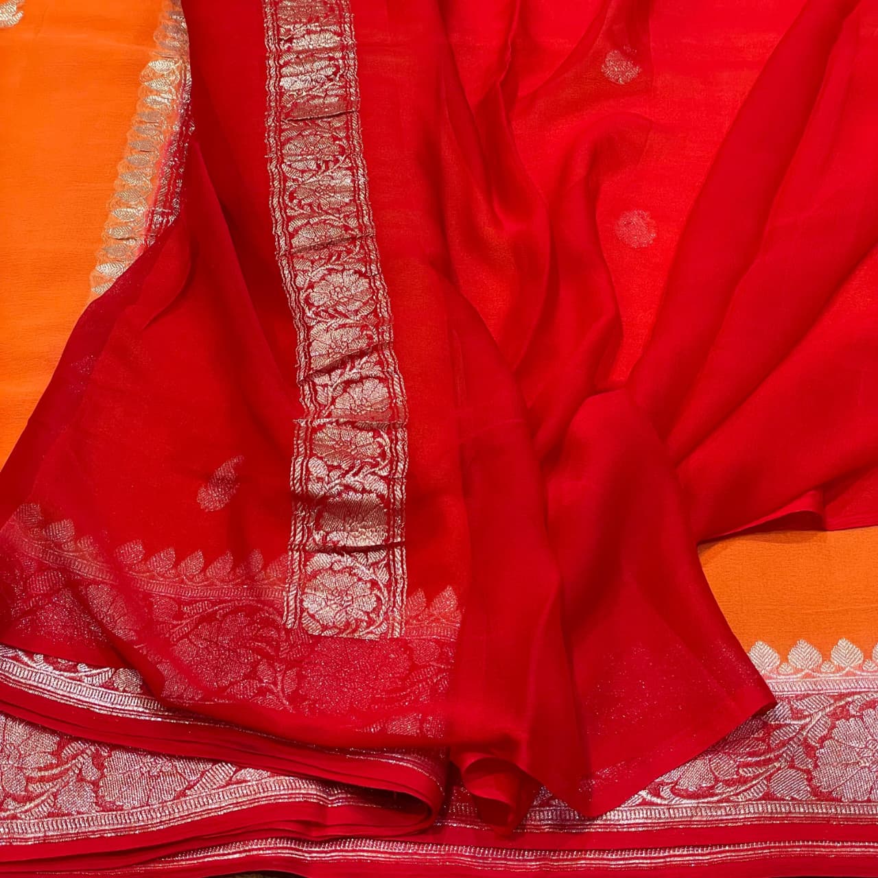 100% Pure Banarasi Khaddi Chiffon Silver Zari Kadwa Buti Handloom Saree Orange With Red Colour