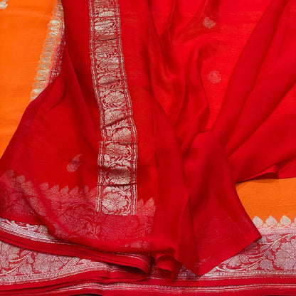 100% Pure Banarasi Khaddi Chiffon Silver Zari Kadwa Buti Handloom Saree Orange With Red Colour