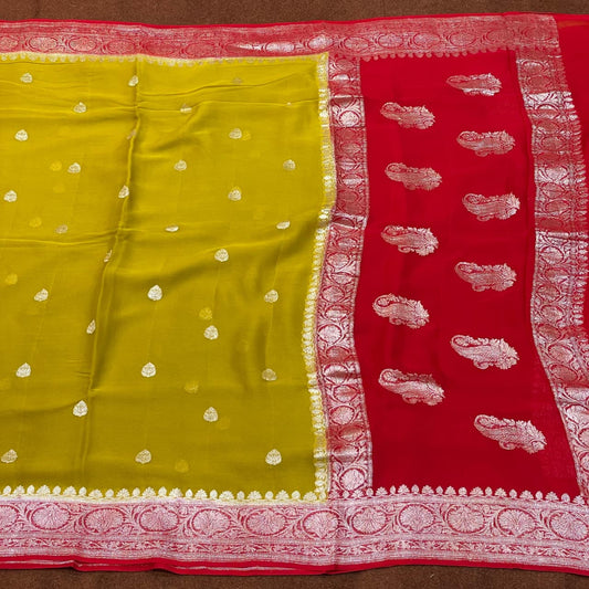 100% Pure Banarasi Khaddi Chiffon Silver Zari Kadwa Buti Handloom Saree Dhani Yellow With Red Colour