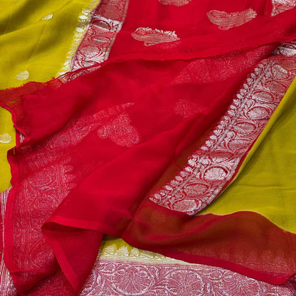 100% Pure Banarasi Khaddi Chiffon Silver Zari Kadwa Buti Handloom Saree Dhani Yellow With Red Colour