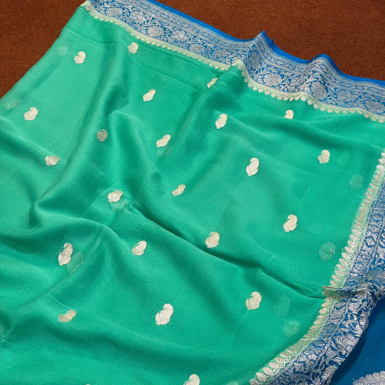100% Pure Banarasi Khaddi Chiffon Silver Zari Kadwa Buti Handloom Saree Sea Green With Blue Colour