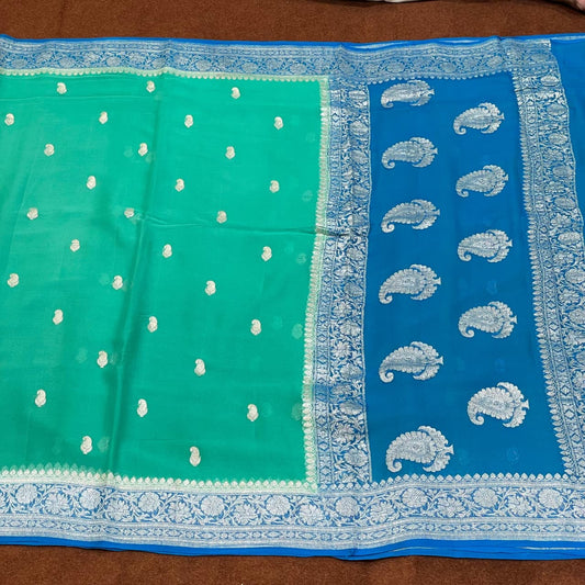100% Pure Banarasi Khaddi Chiffon Silver Zari Kadwa Buti Handloom Saree Sea Green With Blue Colour