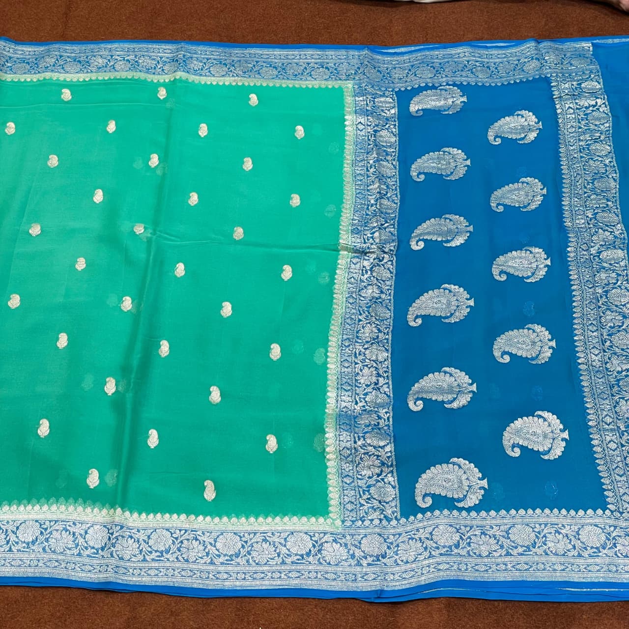100% Pure Banarasi Khaddi Chiffon Silver Zari Kadwa Buti Handloom Saree Sea Green With Blue Colour