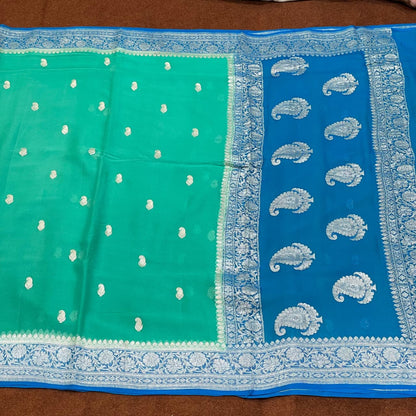 100% Pure Banarasi Khaddi Chiffon Silver Zari Kadwa Buti Handloom Saree Sea Green With Blue Colour