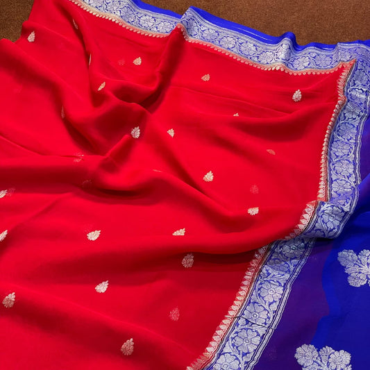 100% Pure Banarasi Khaddi Chiffon Silver Zari Kadwa Buti Handloom Saree Red With Royal Blue Colour